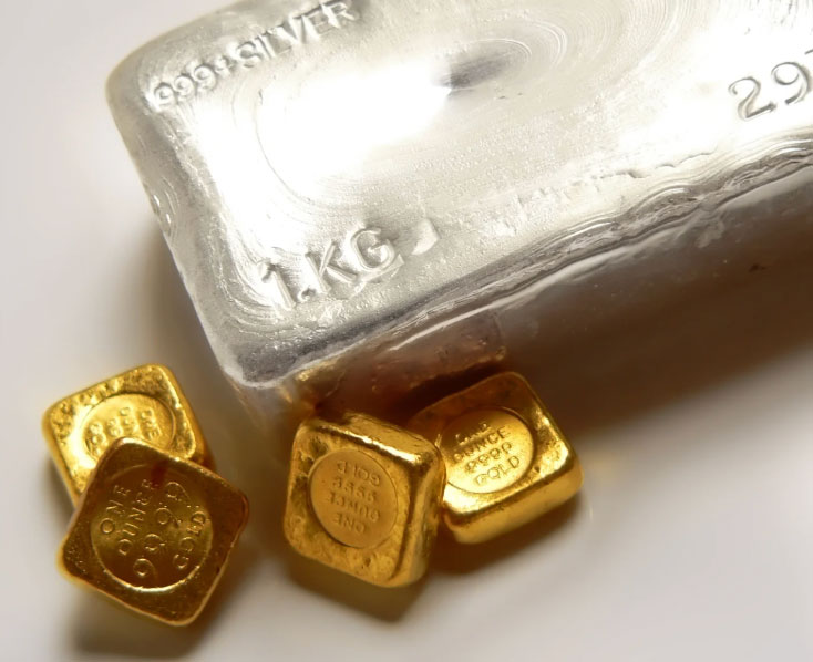 Large silver bar with small gold bars around it